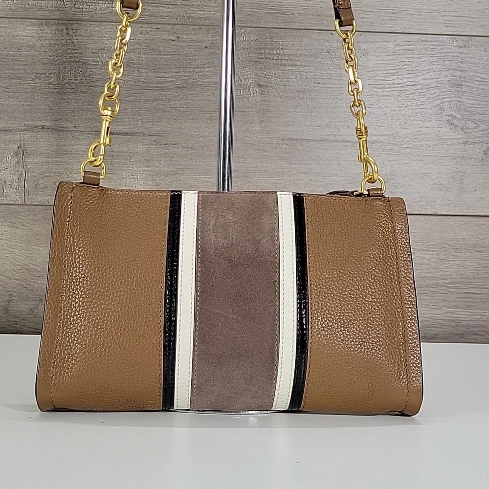 Tory Burch Brown Leather Crossbody Bag with Striped Accent